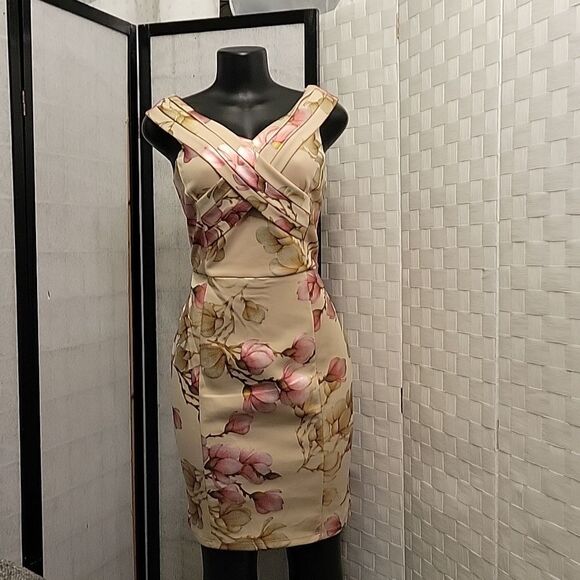 BRAND NEW ALEXA B NITES SLEEVELESS CRISSCROSS V-NECK DESIGN FLORAL SHEATH DRESS - Picture 8 of 12